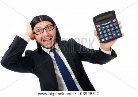 Man with calculator isolated on white