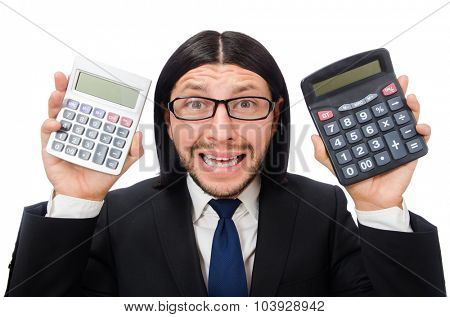 Man with calculator isolated on white