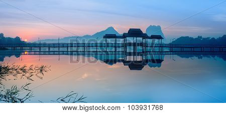 Bridge And Pavilion On Lake At Sunrise Park. Hpa-an, Myanmar (burma)