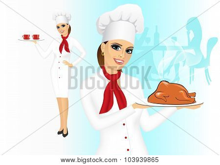 smiling female chef with christmas roasted turkey