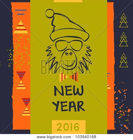 Hipster christmas red fire monkey. Hand drawn happy new year ill