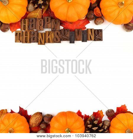 Happy Thanksgiving wooden letters with autumn double border over white
