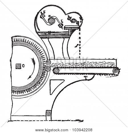 Automatic lubricator Mr. Houget and Teston, vintage engraved illustration. Industrial encyclopedia E.-O. Lami - 1875.