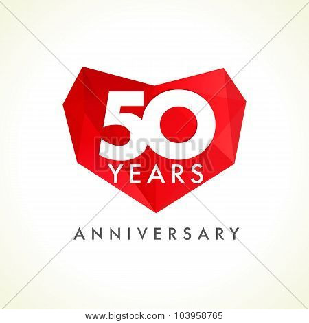 Anniversary 50 years old hearts celebrating vector logo. Birthday greetings with stained-glass heart shape. Holiday abstract lovely stained card with celebrating 50 th. Luxury 5th place idea.