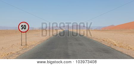 Speed Limit Sign At A Desert Road In Namibia