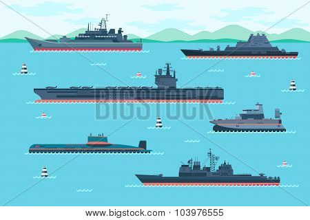 Warship set in flat style