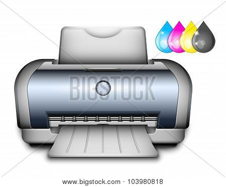 Printer Icon With Ink Drops. Vector Illustration