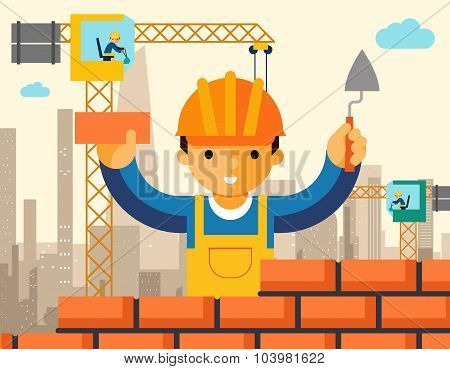 Builder builds brick wall of house
