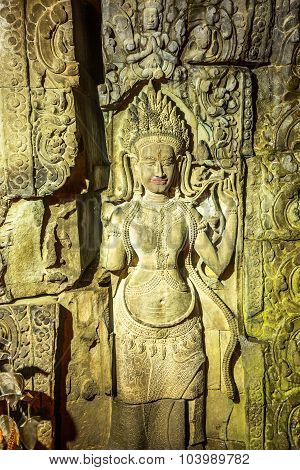 Siem Reap, Cambodia - September 17, 2015 : Beautiful ancient calving of Apsara in Preah Khan Temple during raining outside, Siem Reap, Cambodia