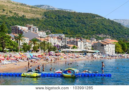 People Are Relaxing On Beach Of Resort Of Petrovac, Montenegro