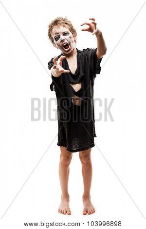 Halloween or horror concept - screaming walking dead zombie child boy reaching hand white isolated