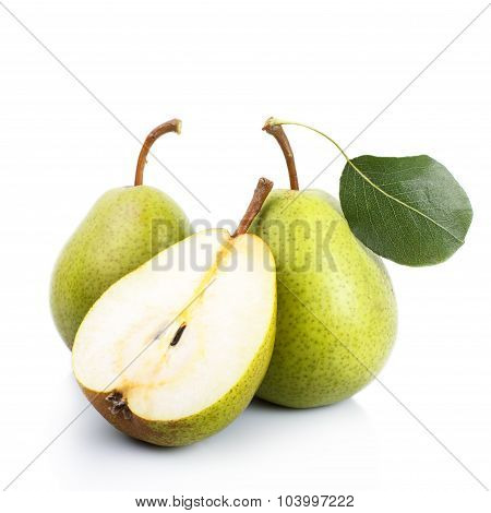 Two And A Half Green Pears Over White Background