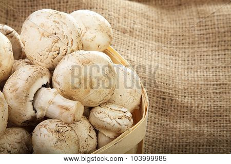 Mushrooms in a wooden box on sacking. Close-up.