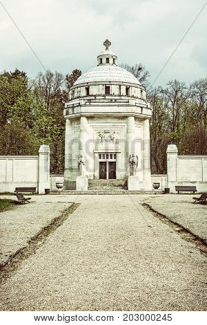 Mausoleum of The Andrassy family near castle Krasna Horka Slovak republic. Architectural theme. Old photo filter.