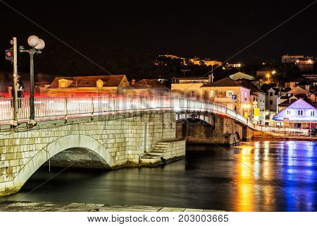 Bridge from Trogir to Ciovo island Croatia. Night scene. Travel destination.