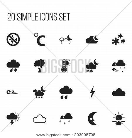 Set Of 20 Editable Weather Icons. Includes Symbols Such As Moonlight, Deluge, Thermometer And More
