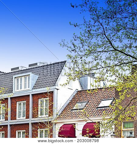 Historic buildings in the city of Amersfoort. Typical Dutch brick houses in Holland.