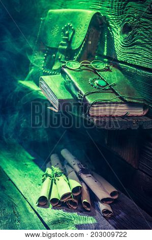 Witcher Cottage With Green Light And Books For Halloween