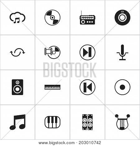 Set Of 16 Editable Mp3 Icons. Includes Symbols Such As Compact Disk, Radio Mike, Piano And More