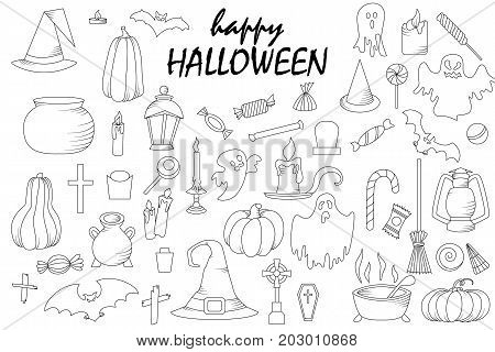 Set of hallowen elements. Vector goast, pumpkin, hat icons. Spooky illustration