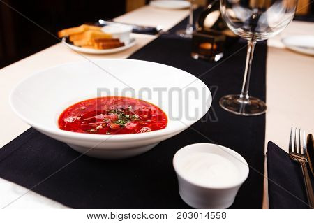 Classic beetroot soup with meat and sourcream
