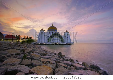 Majestic View Of Malacca Straits Mosque During Sunset