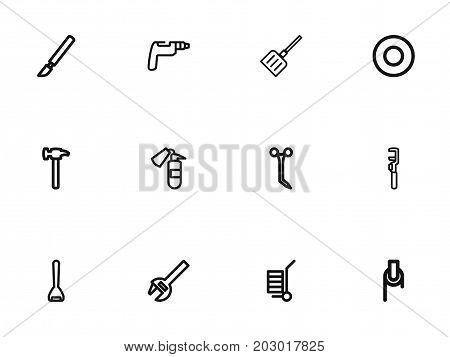 Set Of 12 Editable Instrument Outline Icons. Includes Symbols Such As Carriage, Spacer, Drill And More