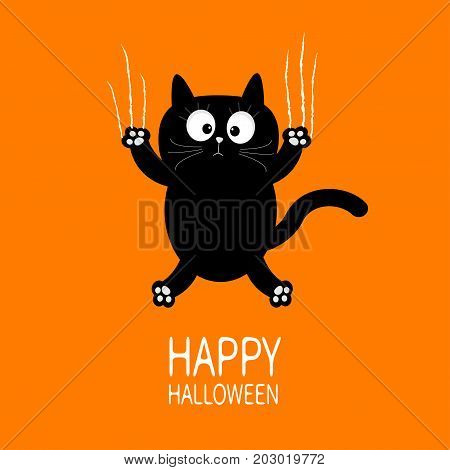 Happy Halloween. Black cat claw scratch glass. Cute cartoon funny baby character. Greeting card. Scary surprised face emotion. Orange background. Isolated. Flat design. Vector illustration