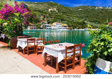 Traditional Greek restaurants near the sea. Sivota fishing village in Lefkada