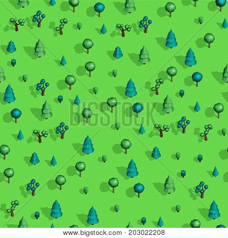 Seamless isometric trees pattern vector illustration. 3d low poly spurce