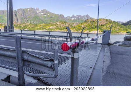 Empty Ferry Terminal With Metal Ramp And Cosed Turnpike.