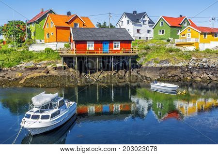 Scenic View Of Colorful Wooden Buildings In Henningsvaer In Summer.
