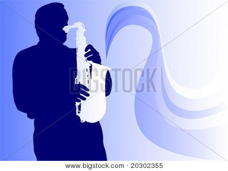 Saxofonista gráfico de vector en concierto. Silueta sobre fondo azul