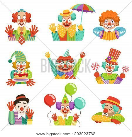 Funny cartoon friendly clowns character colorful vector Illustrations on a white background