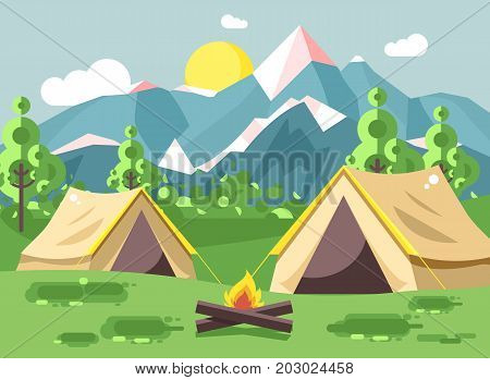 Stock vector illustration cartoon nature national park landscape with two tents camping hiking bonfire, open fire, bushes lawn, trees, daytime sunny day outdoor background of mountains in flat style