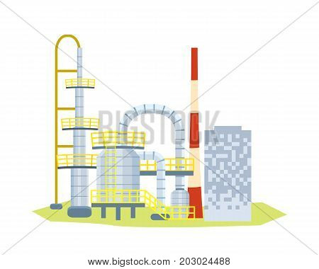 Large and powerful plant on white background vector illustration. Producing and recycling people need goods in every area. Big amount of important equipment with different departments.