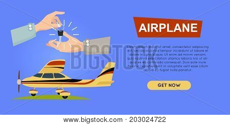 Buying airplane online plane sale web banner vector illustration. Encouraging customers to buy airplane. Transport advertising company e-commerce concept. Business agreement of getting new key.