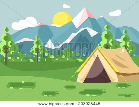 Stock vector illustration cartoon nature national park landscape with lonely tent camping hiking rules of survival bushes, lawn, trees, daytime sunny day, outdoor background of mountains in flat style
