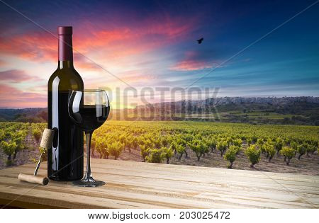 Red wine with barrel on vineyard in green Tuscany, Italy.