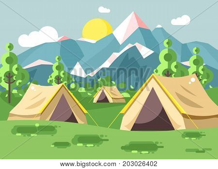 Stock vector illustration cartoon nature national park landscape with three tents camping hiking rules of survival bushes, lawn, trees, daytime sunny day, outdoor background of mountains in flat style