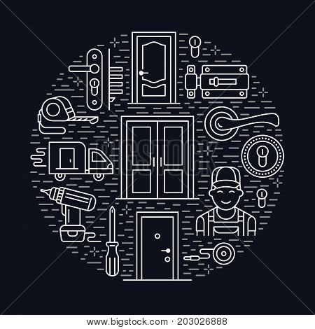 Doors installation, repair banner illustration. Vector line icons of various door types, handle, latch, lock, hinges. Circle template with thin linear signs for house decor shop, handyman service.