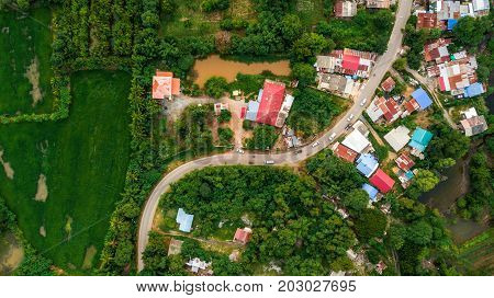 Aerial View Curve road pass in village Countryside