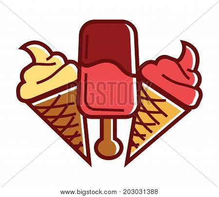 Fruity ice cream in waffle cone and on wooden stick isolated cartoon vector illustration on white background. Delicious summer refreshment with strawberry and vanilla tastes covered with chocolate.