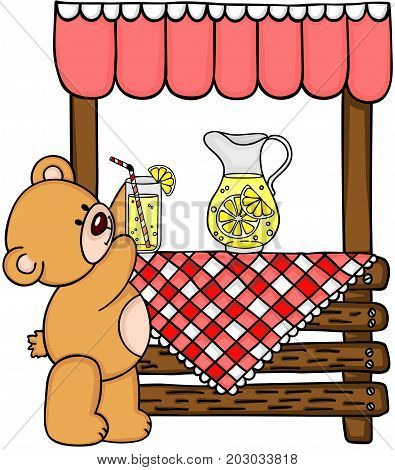Teddy bear and wooden lemonade stand clipart