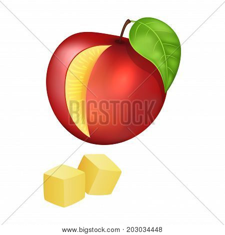 Sliced and diced red peach. Ripe tropical fruit with leaf realistic vector isolated on white. Fresh ingredient of vegetarian salad illustration for healthy food and natural nutrition concepts