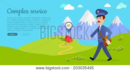 Complex service cartoon web banner. Postman in uniform with bag full of letters walking on green mountain meadow flat vector illustration. Horizontal concept for mail or post company landing page