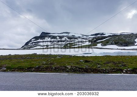 Mountain landscape along the National tourist route Aurlandstjellet. Flotane. Bjorgavegen. Western Norway
