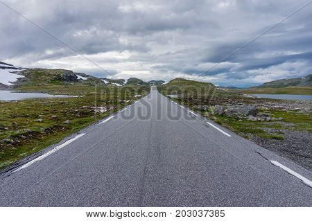 Mountain landscape along the National tourist route Aurlandstjellet. Flotane. Bjorgavegen. Western Norway