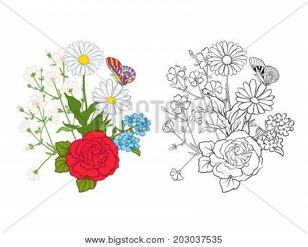 Bouquet with roses and daisies. Traditional European pattern. Stock line vector illustration. Outline hand drawing coloring page for adult coloring book with colored sample
