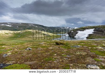 Mountain landscape along the National tourist route Aurlandstjellet. Flotan. Bjorgavegen. Western Norway